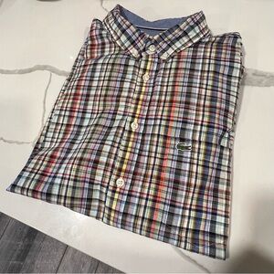 Lacoste men's cotton linen casual button down plaid long sleeve size 2xl ‎ -flaw